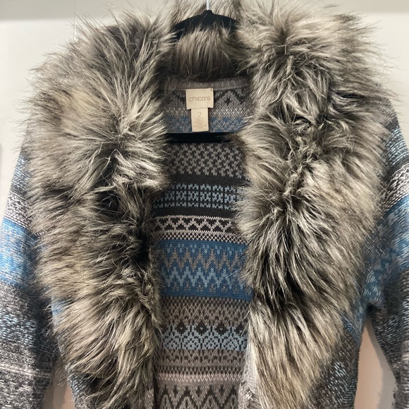 Chico’s Elaine Cardigan Duster with fur Blue Size 2 (Large) - Picture 2 of 14